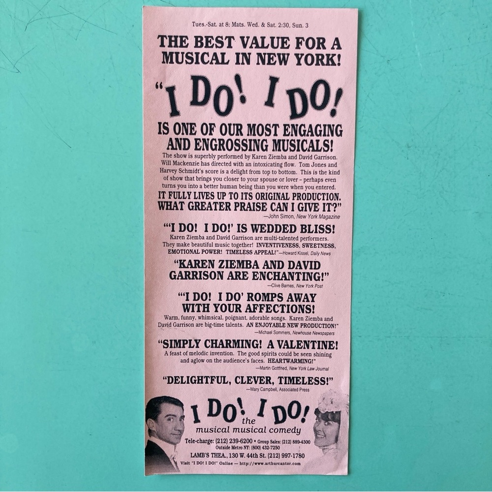 One Sided Flyer I Do! I Do! Off Broadway Karen Ziemba David Garrison Thin Paper